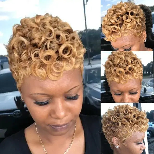 WIGERA Synthetic Short Hairstyle Curly Pixie Cut Bob Wig Glond Brown/ Black/Wine Red Hair Colored Wigs For Women