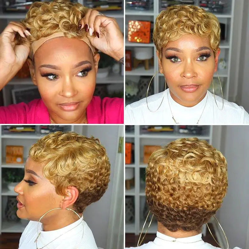 WIGERA Synthetic Short Hairstyle Curly Pixie Cut Bob Wig Glond Brown/ Black/Wine Red Hair Colored Wigs For Women