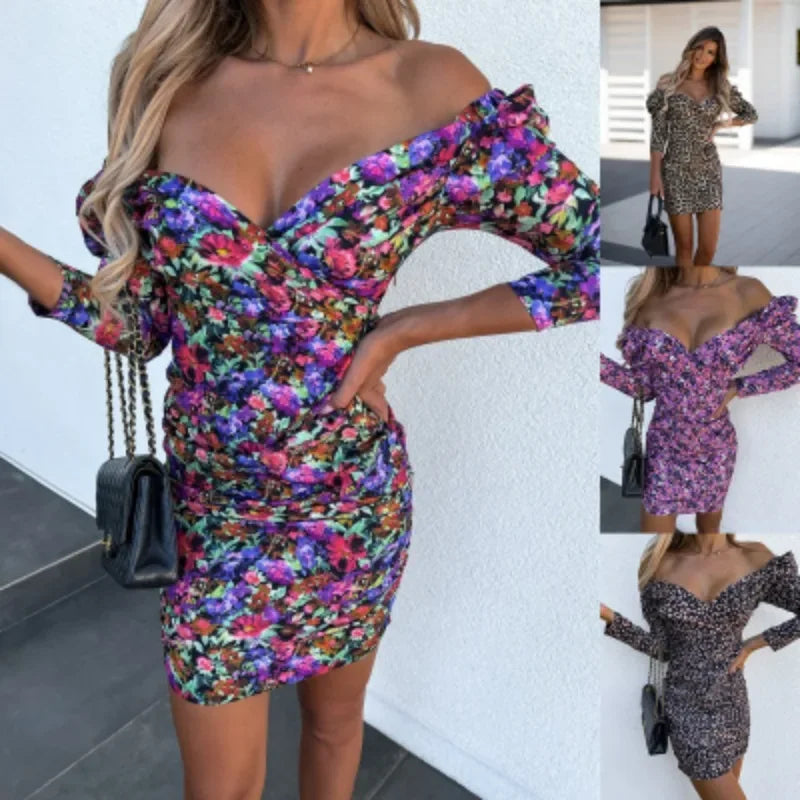 Women's Dress Women's Casual Fashion Dress Off Shoulder V-neck Long Sleeved Floral Print Dress Summer Dress