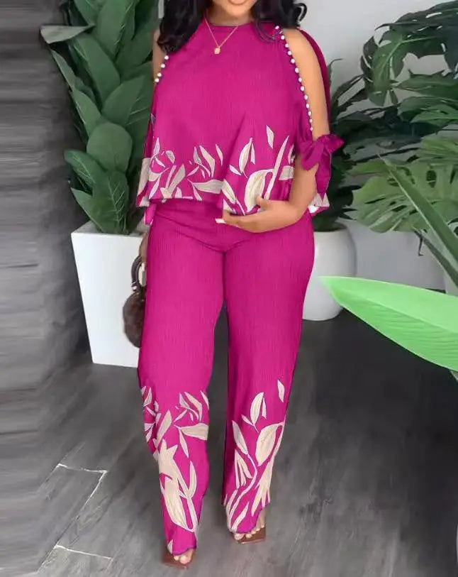 Women's Fashion Positioning Printed Two Piece Sets Autumn Round Neck Hollow Beading Raglan Sleeves Top & Wide Leg Trousers Suit