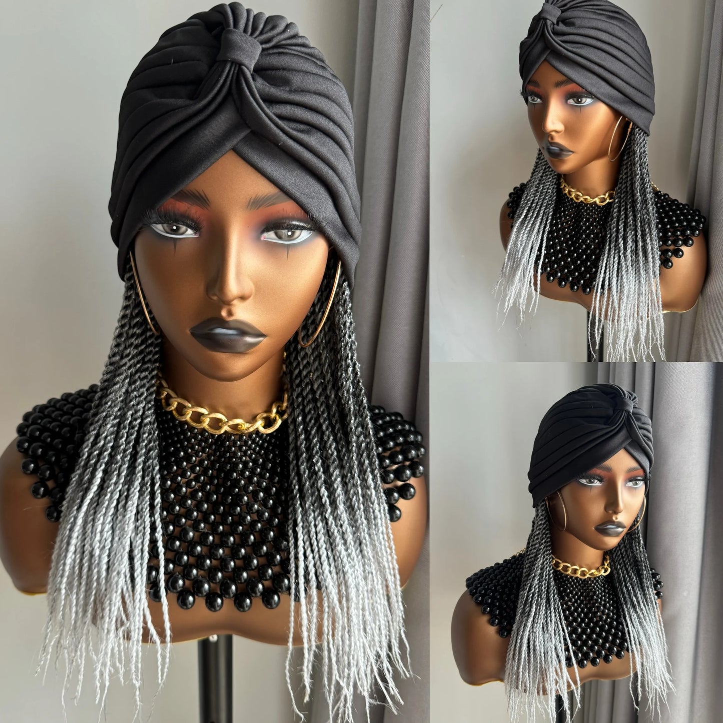 WIGERA Medium Ombre Black Gray Headband Twist Braided Synthetic Wig With Turban Braiding Hair Extensions Head Scarf For Women