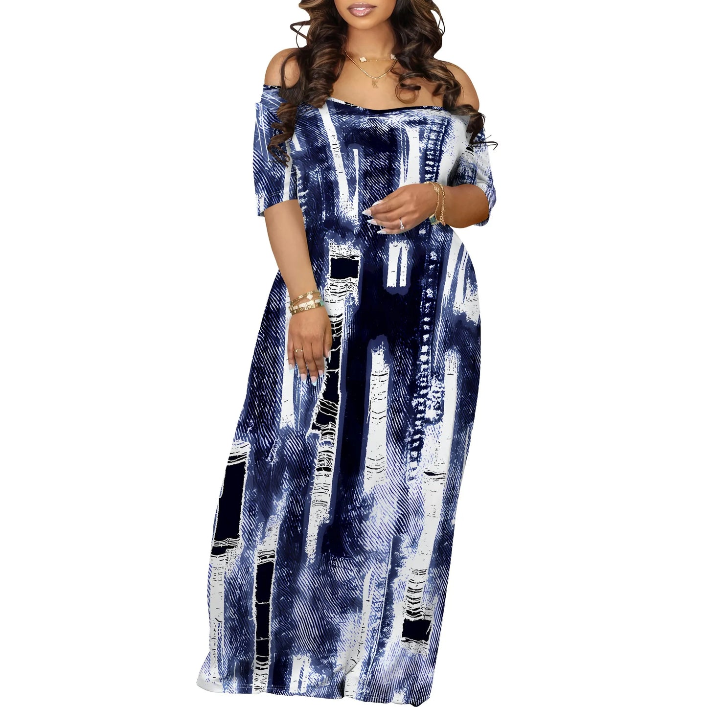 Women's Fashion Printed Short Sleeve Long Summer Dress Sexy Off Shoulder Backless