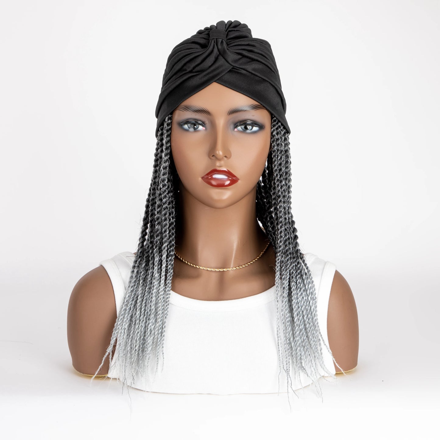 WIGERA Medium Ombre Black Gray Headband Twist Braided Synthetic Wig With Turban Braiding Hair Extensions Head Scarf For Women
