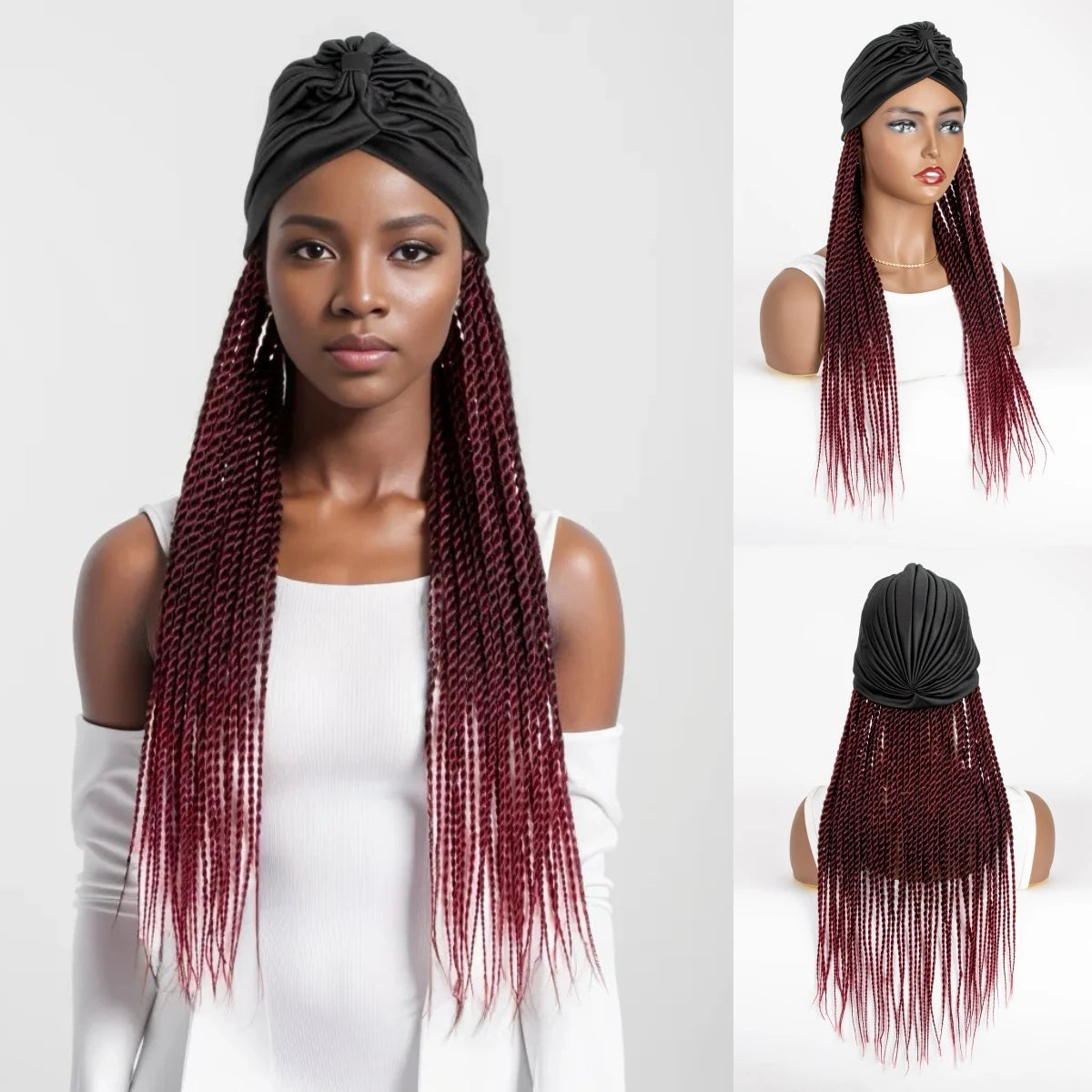 WIGERA Medium Ombre Black Gray Headband Twist Braided Synthetic Wig With Turban Braiding Hair Extensions Head Scarf For Women