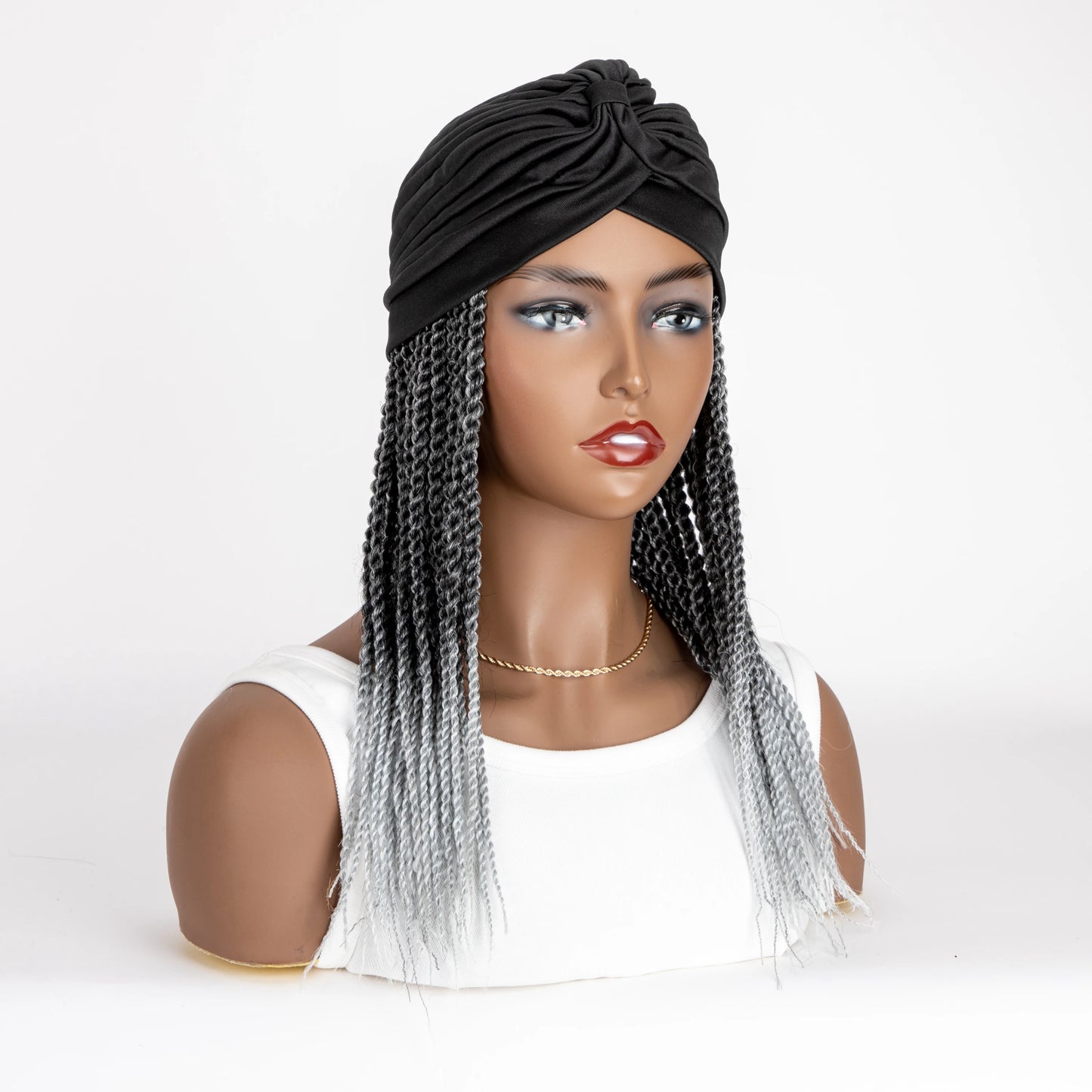 WIGERA Medium Ombre Black Gray Headband Twist Braided Synthetic Wig With Turban Braiding Hair Extensions Head Scarf For Women
