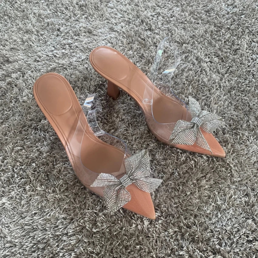 Lady Summer Bow Rhinestone Slingback Pumps Fashion Lady Transparent High Heels
