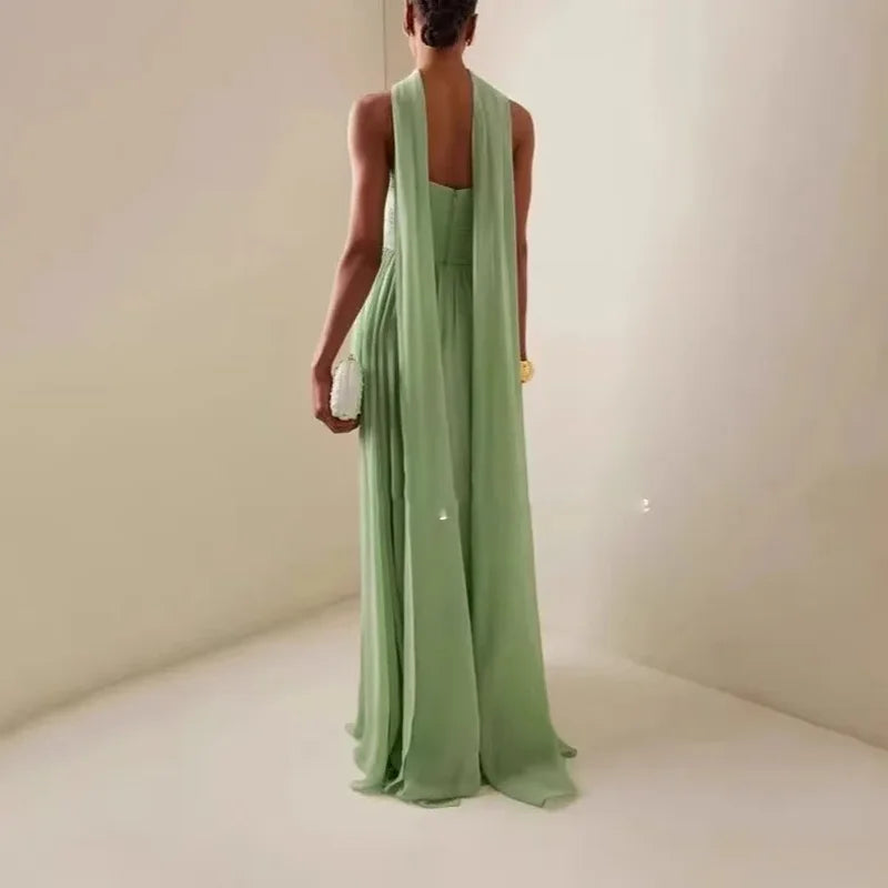 Women Sexy Fashion Backless Pleated Dresses Elegant Simple Casual Green Waist Chiffon Chic Evening Gown 2025 New Women Clothing
