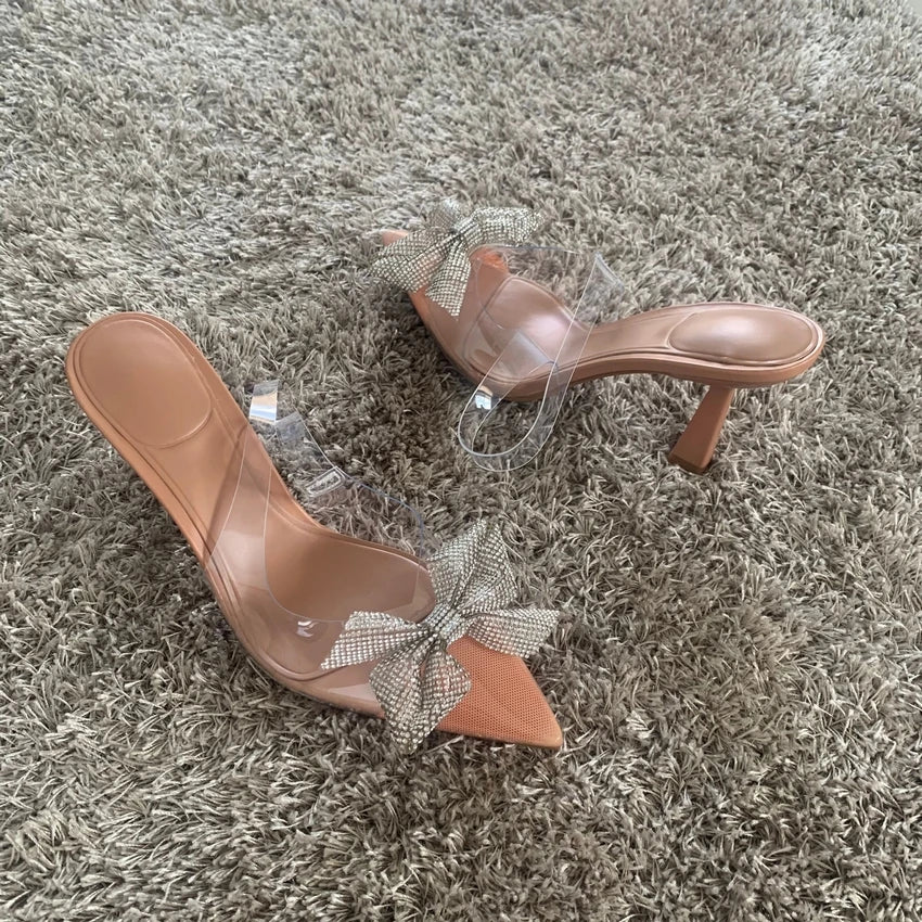 Lady Summer Bow Rhinestone Slingback Pumps Fashion Lady Transparent High Heels