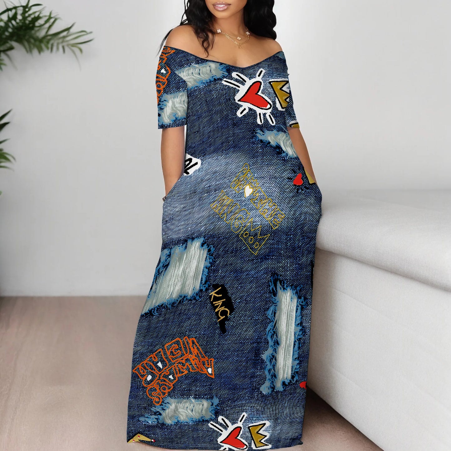 Women's Fashion Printed Short Sleeve Long Summer Dress Sexy Off Shoulder Backless