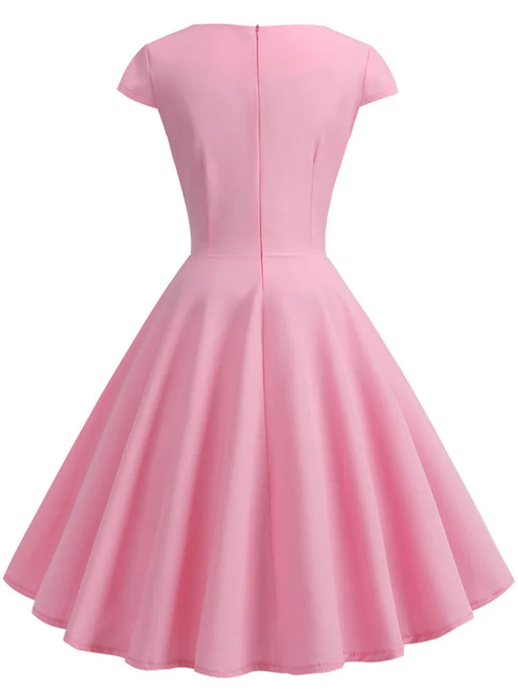 Pink Summer Dress Lady V Neck Big Swing Vintage
