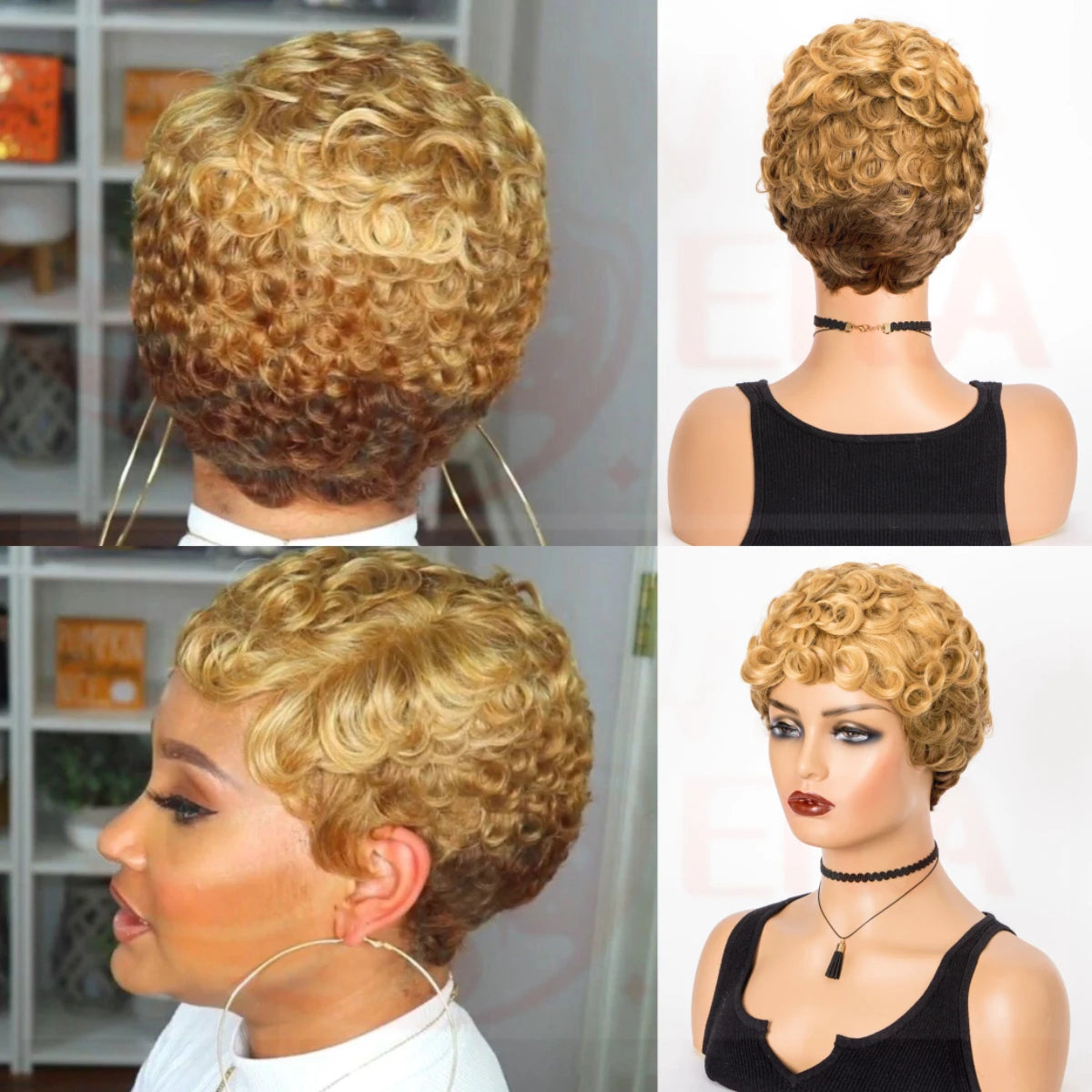 WIGERA Synthetic Short Hairstyle Curly Pixie Cut Bob Wig Glond Brown/ Black/Wine Red Hair Colored Wigs For Women