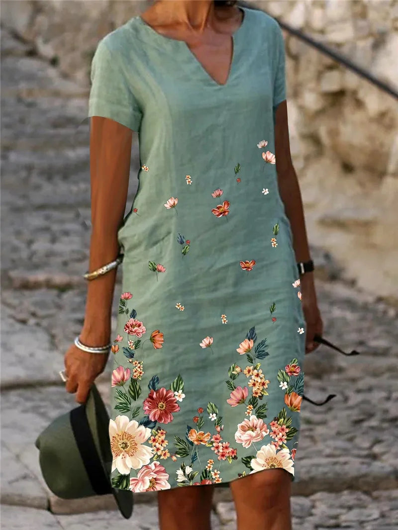 Women's Casual Midi Dresses 2025 Spring New Flower Cotton Linen Short Sleeve Dress Kadın Elbisesi Yazlık Vestidos Elegante Robe