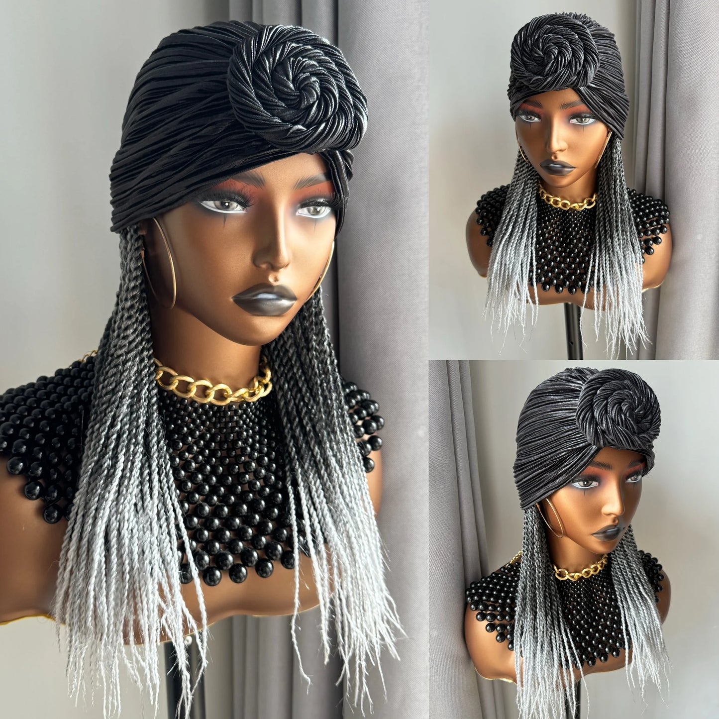 WIGERA Medium Ombre Black Gray Headband Twist Braided Synthetic Wig With Turban Braiding Hair Extensions Head Scarf For Women