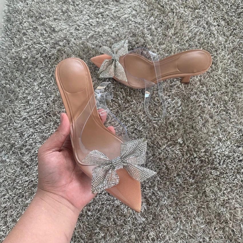 Lady Summer Bow Rhinestone Slingback Pumps Fashion Lady Transparent High Heels