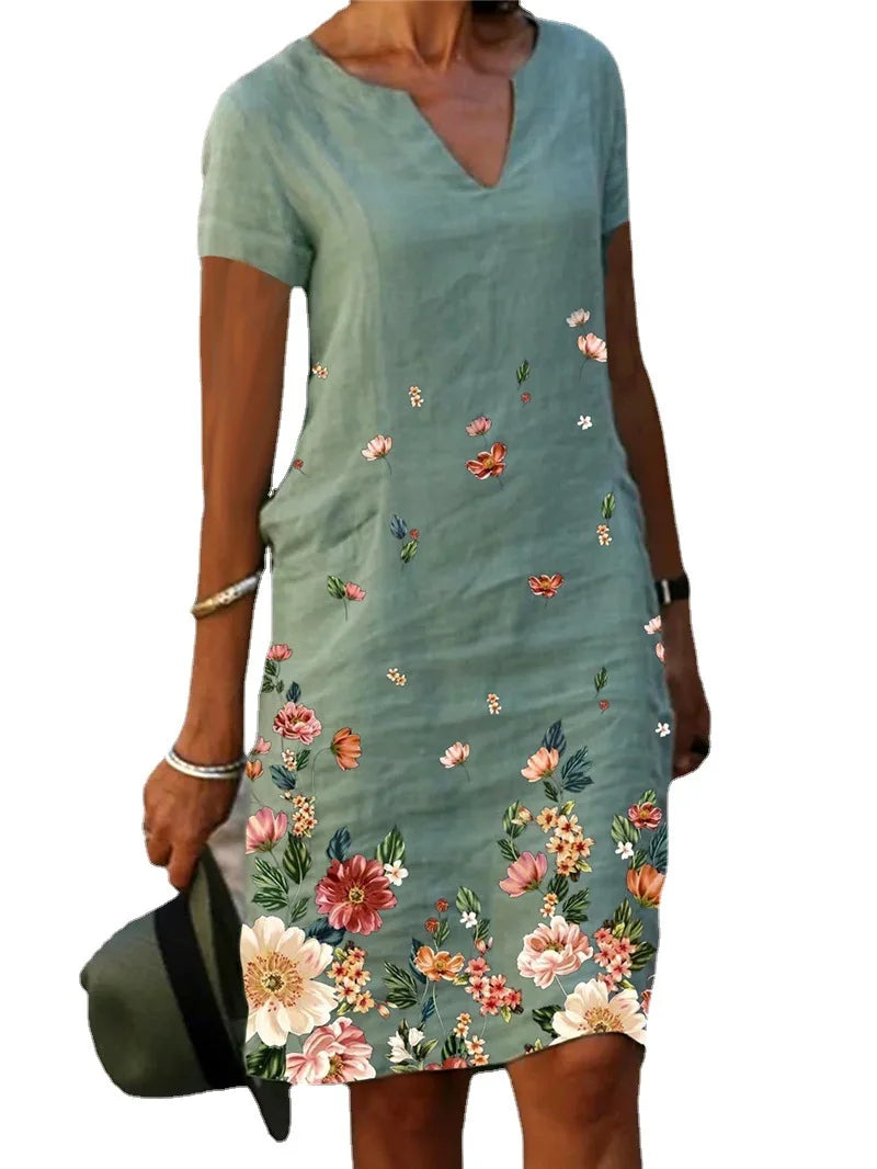Women's Casual Midi Dresses 2025 Spring New Flower Cotton Linen Short Sleeve Dress Kadın Elbisesi Yazlık Vestidos Elegante Robe