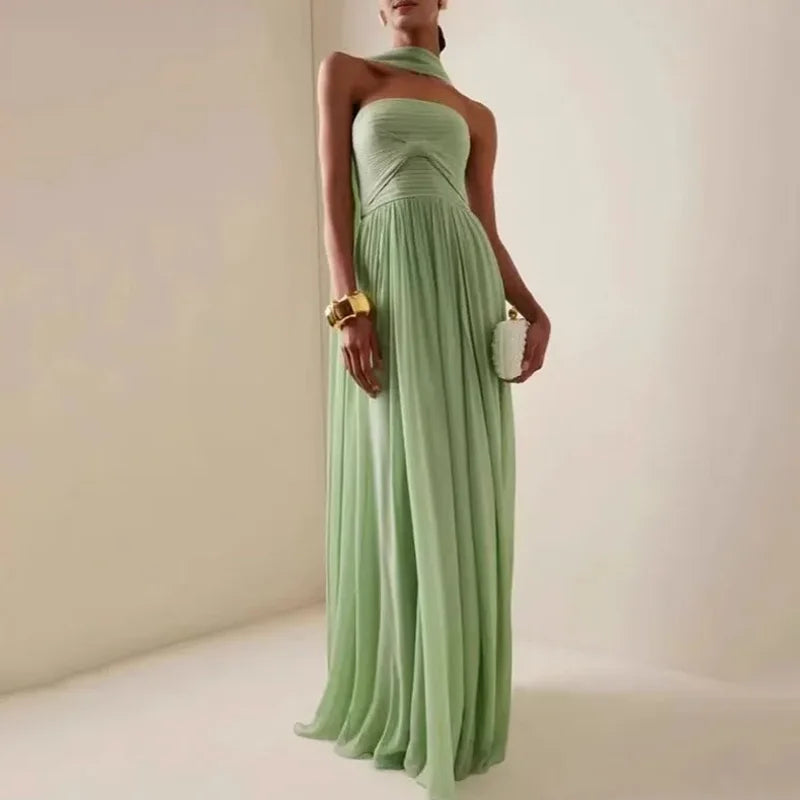 Women Sexy Fashion Backless Pleated Dresses Elegant Simple Casual Green Waist Chiffon Chic Evening Gown 2025 New Women Clothing