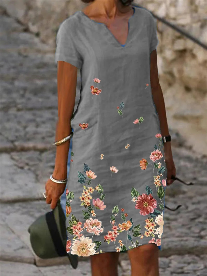 Women's Casual Midi Dresses 2025 Spring New Flower Cotton Linen Short Sleeve Dress Kadın Elbisesi Yazlık Vestidos Elegante Robe