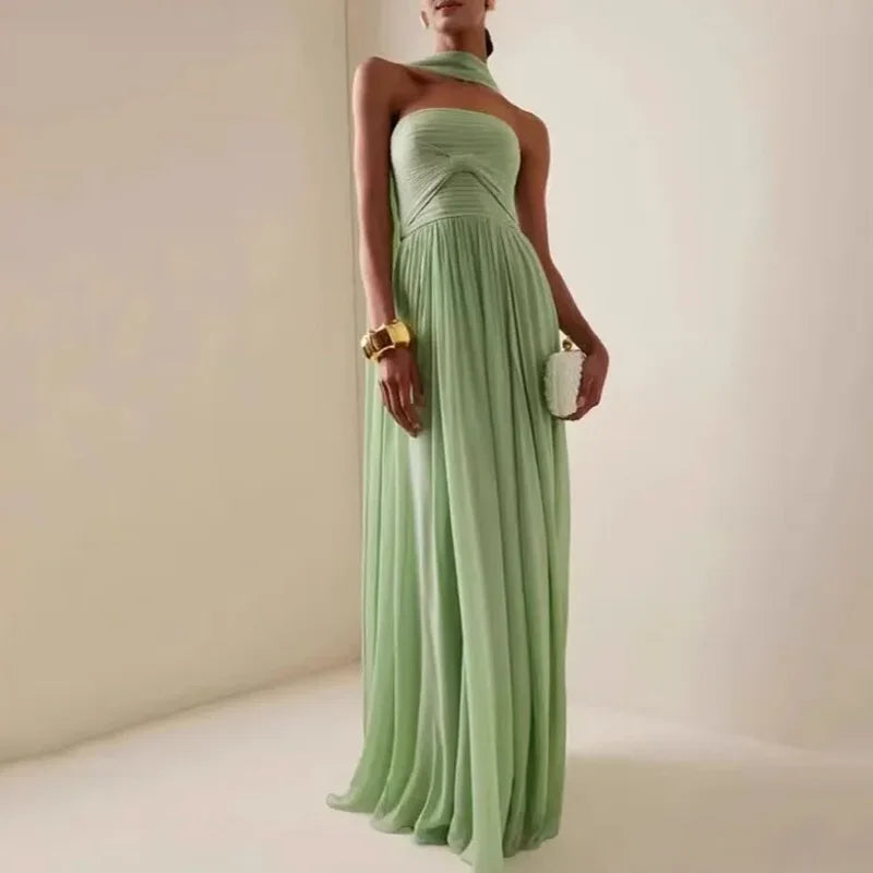 Women Sexy Fashion Backless Pleated Dresses Elegant Simple Casual Green Waist Chiffon Chic Evening Gown 2025 New Women Clothing