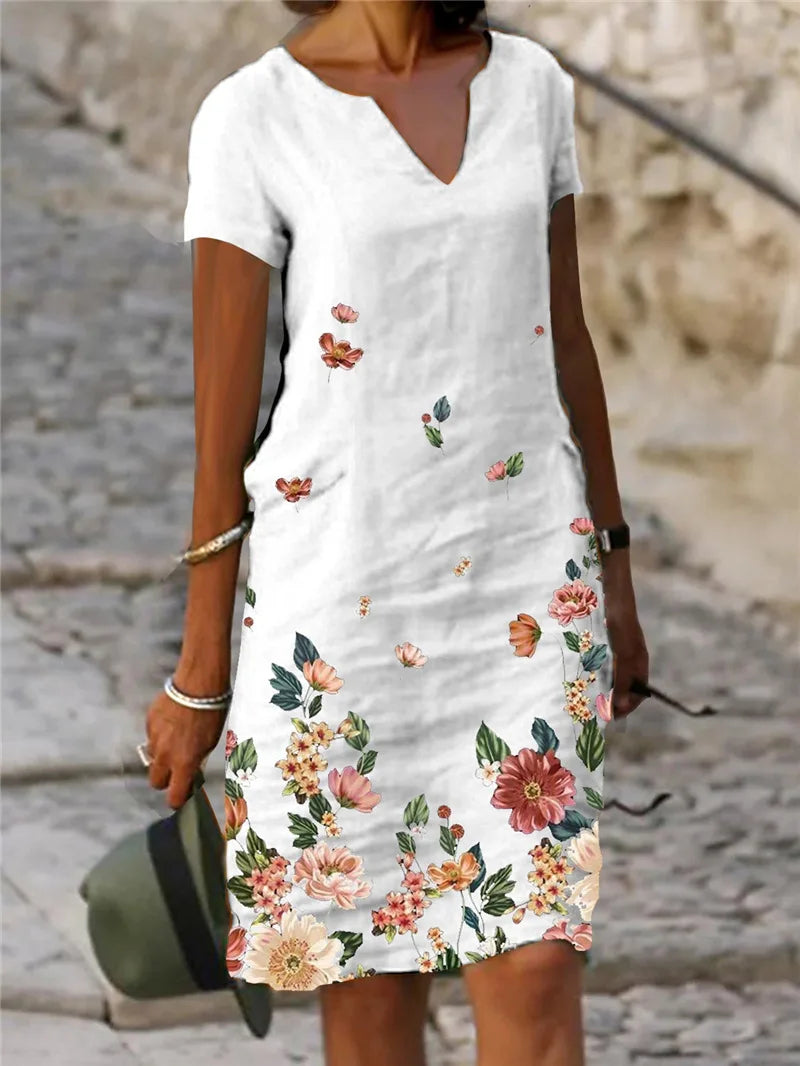 Women's Casual Midi Dresses 2025 Spring New Flower Cotton Linen Short Sleeve Dress Kadın Elbisesi Yazlık Vestidos Elegante Robe
