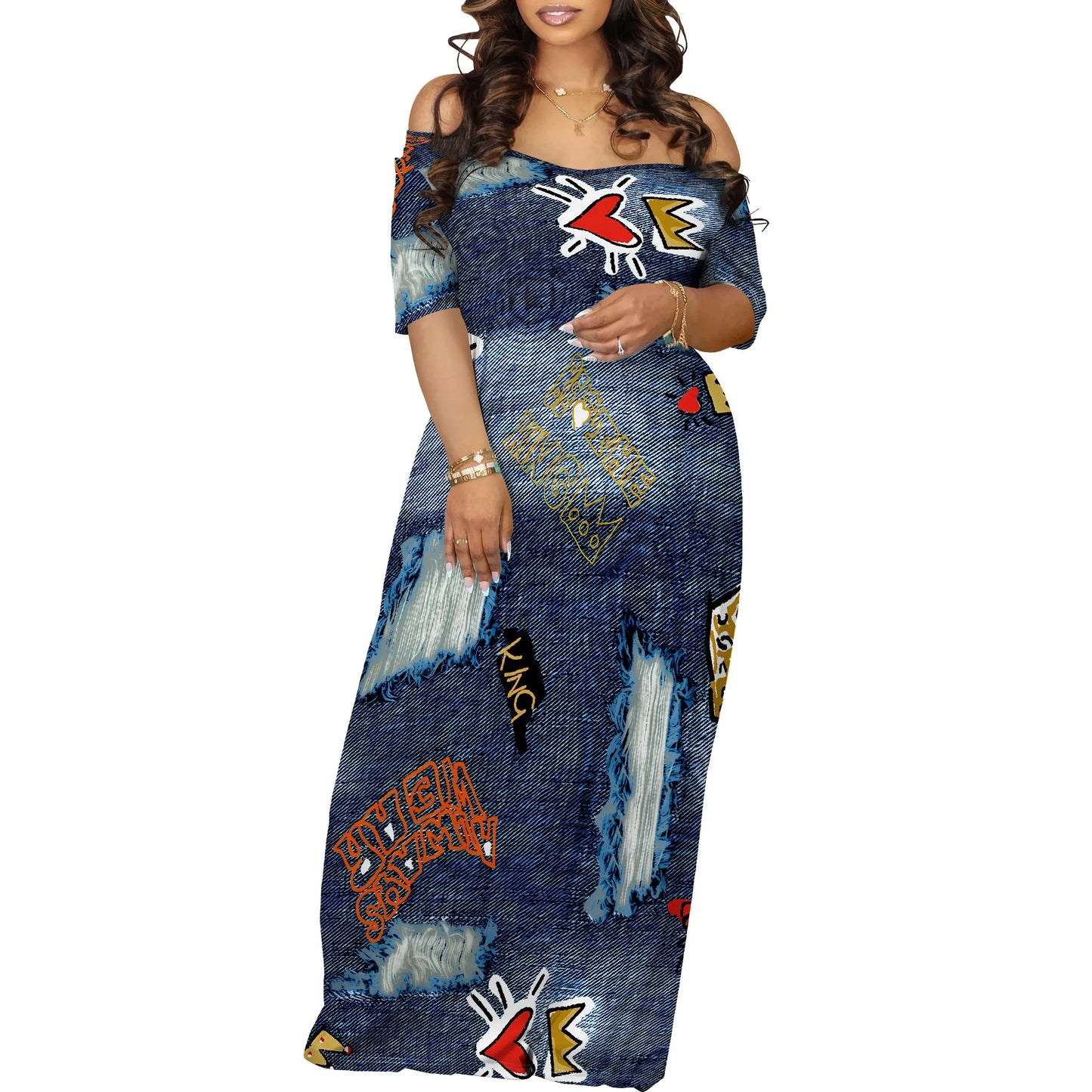 Women's Fashion Printed Short Sleeve Long Summer Dress Sexy Off Shoulder Backless