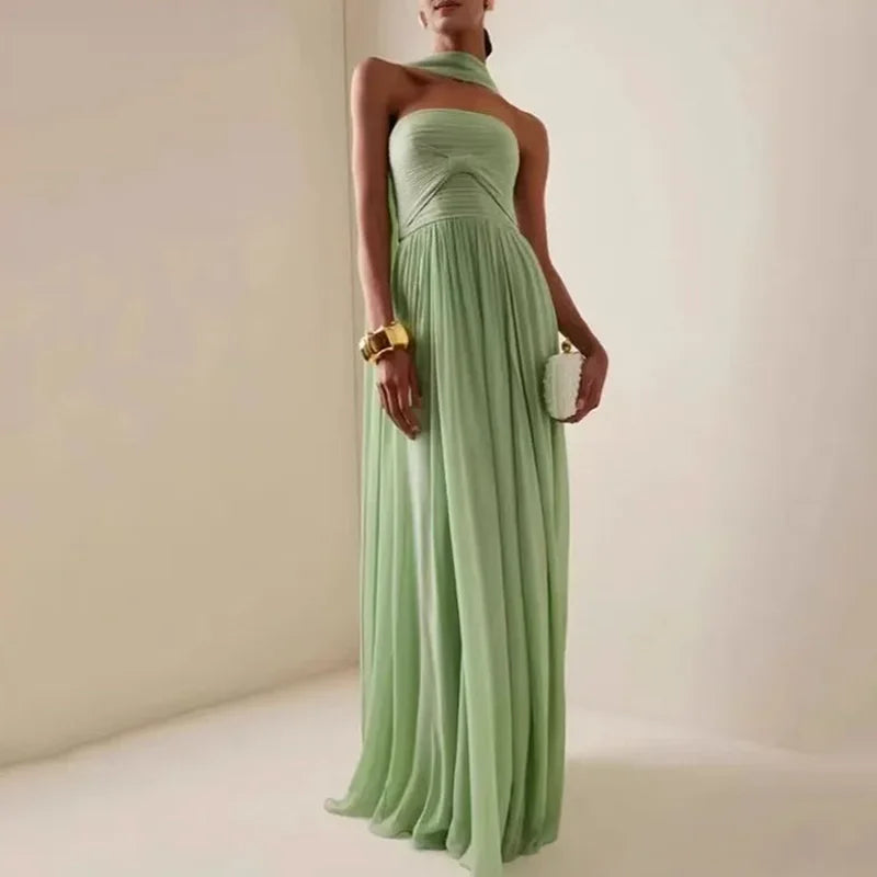 Women Sexy Fashion Backless Pleated Dresses Elegant Simple Casual Green Waist Chiffon Chic Evening Gown 2025 New Women Clothing