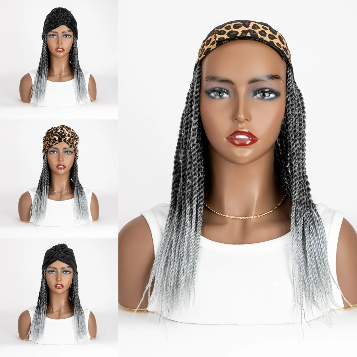 WIGERA Medium Ombre Black Gray Headband Twist Braided Synthetic Wig With Turban Braiding Hair Extensions Head Scarf For Women