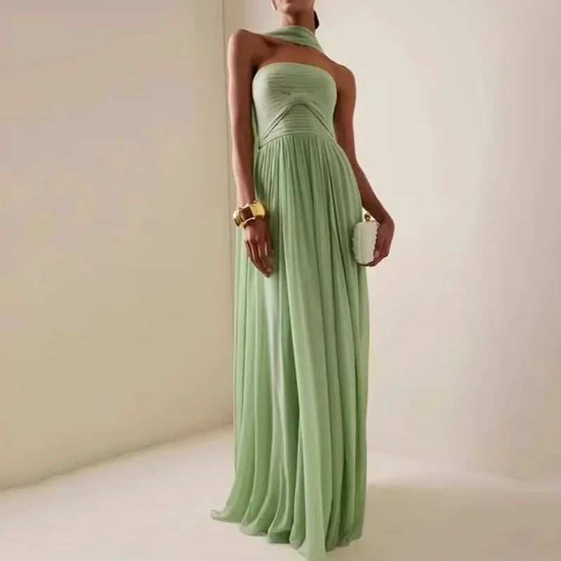 Women Sexy Fashion Backless Pleated Dresses Elegant Simple Casual Green Waist Chiffon Chic Evening Gown 2025 New Women Clothing