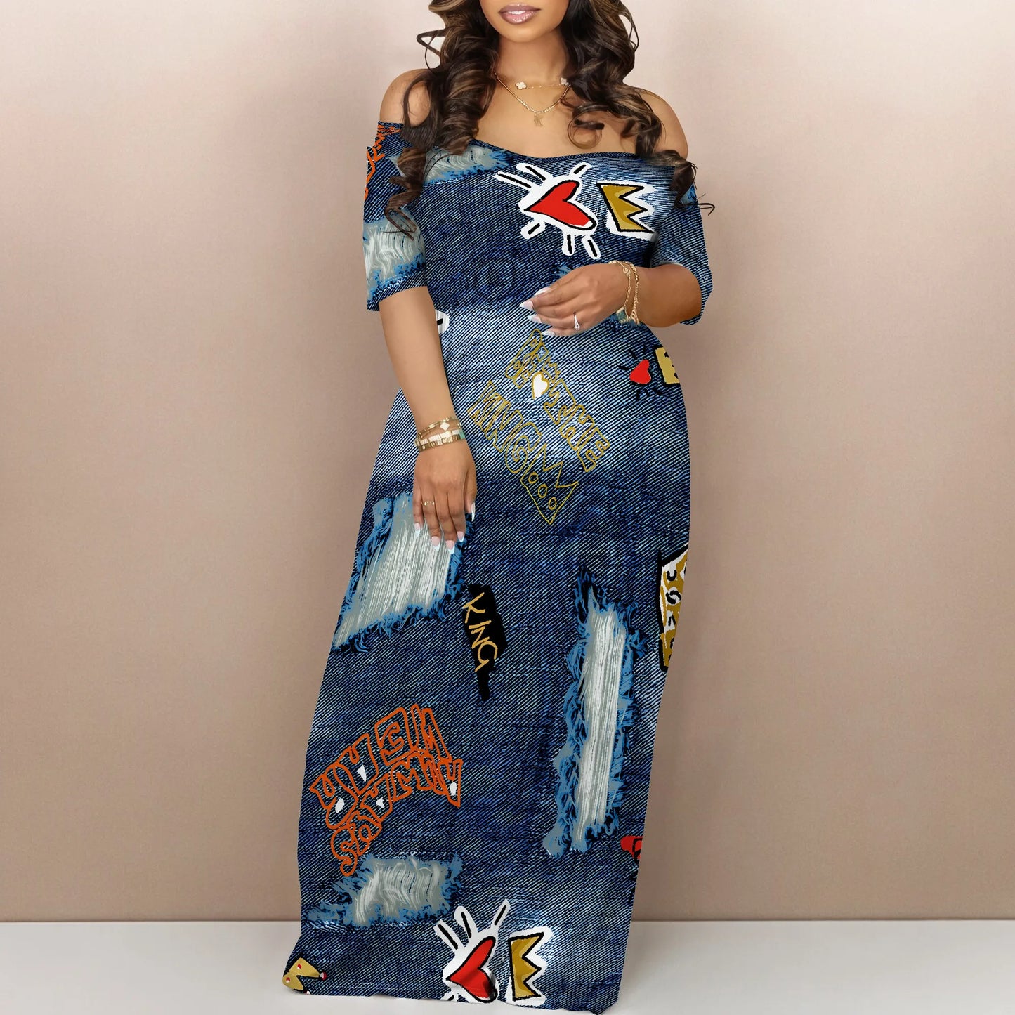 Women's Fashion Printed Short Sleeve Long Summer Dress Sexy Off Shoulder Backless