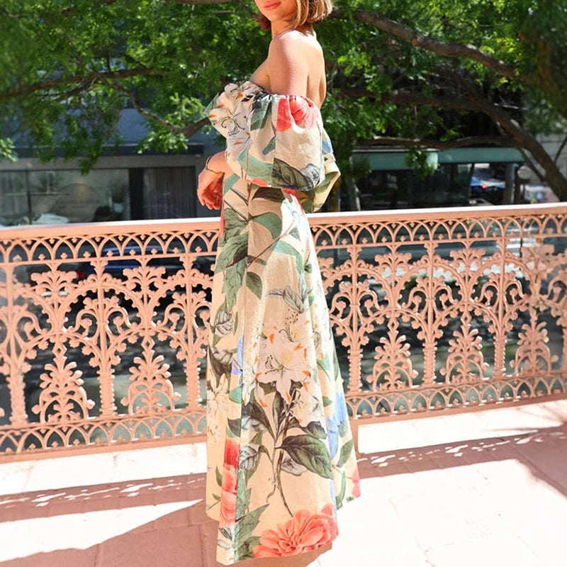 Lady's Fashion Floral Print Ruffle Loose Beach Dress Casual High Waist