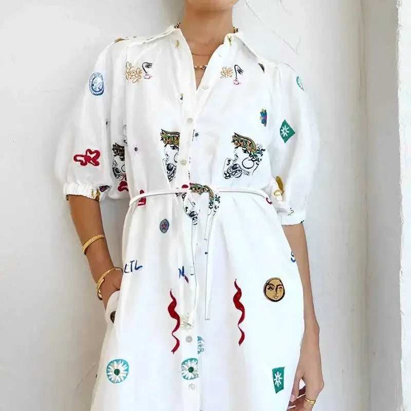 Female Casual Vacation Dress Women Chic Graffiti Print Lace Up Midi Dress Elegant Lapel Lantern Short Sleeve Dresses for Autumn