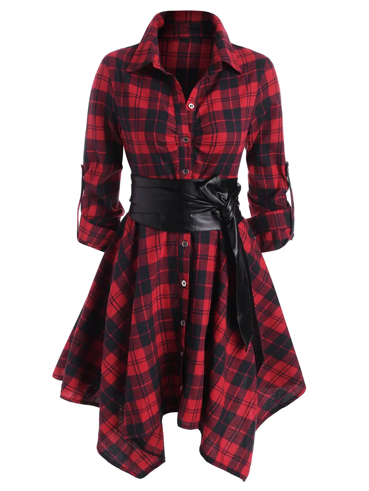 Gothic Casual Dress Women Red Plaid Belted Roll Tab Sleeve Handkerchief Dress Vestidos Autumn Long Sleeve A-Line Party Dress