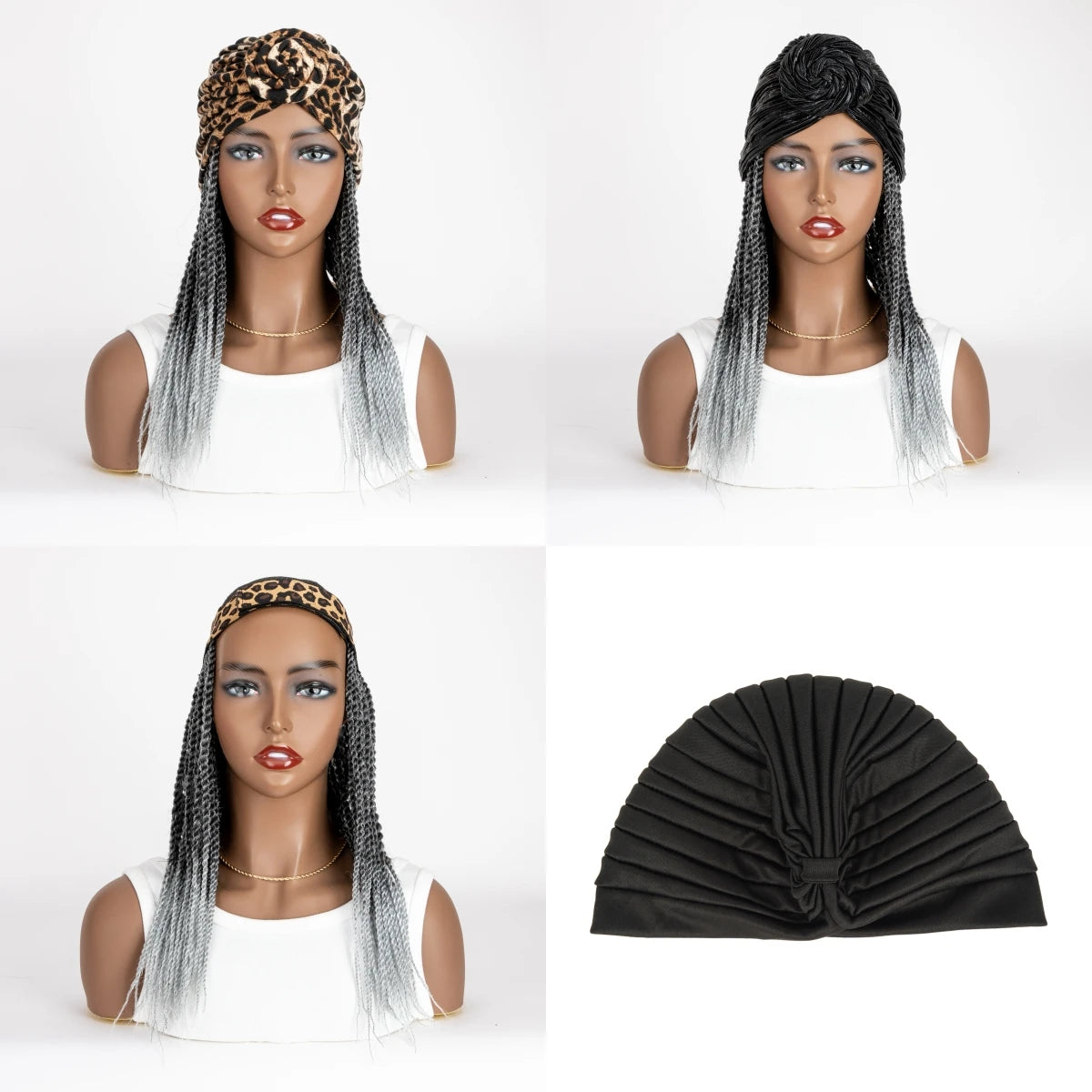 WIGERA Medium Ombre Black Gray Headband Twist Braided Synthetic Wig With Turban Braiding Hair Extensions Head Scarf For Women