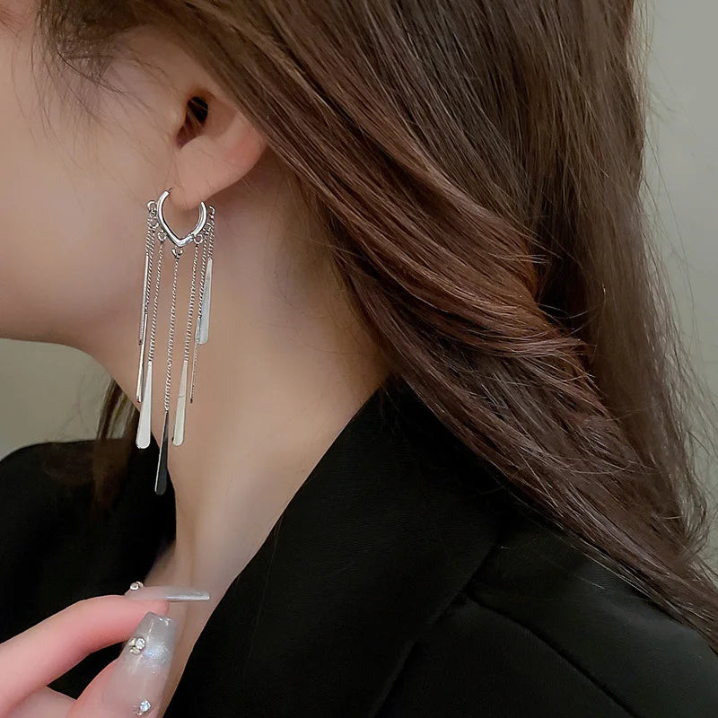925 Sterling Silver Long Tassel Earrings Luxury Ear Hoop for lady