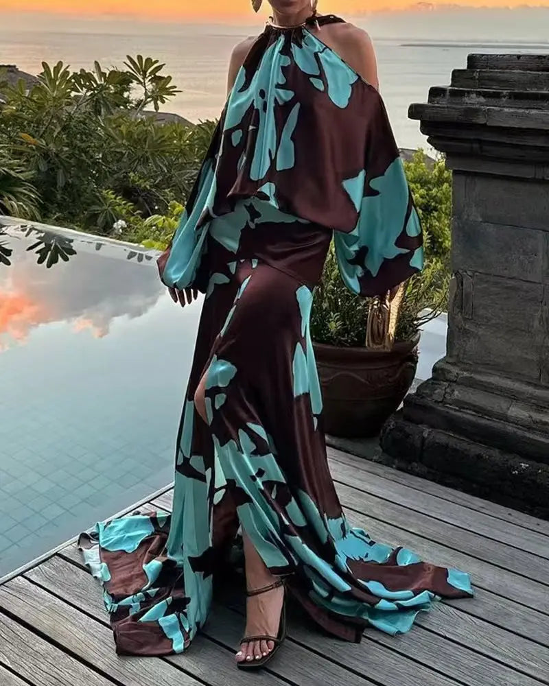 2025 Women's Fashion Temperament Elegant Vacation Style Printed Off Shoulder Slit Comfortable Casual Commuting Party Dress