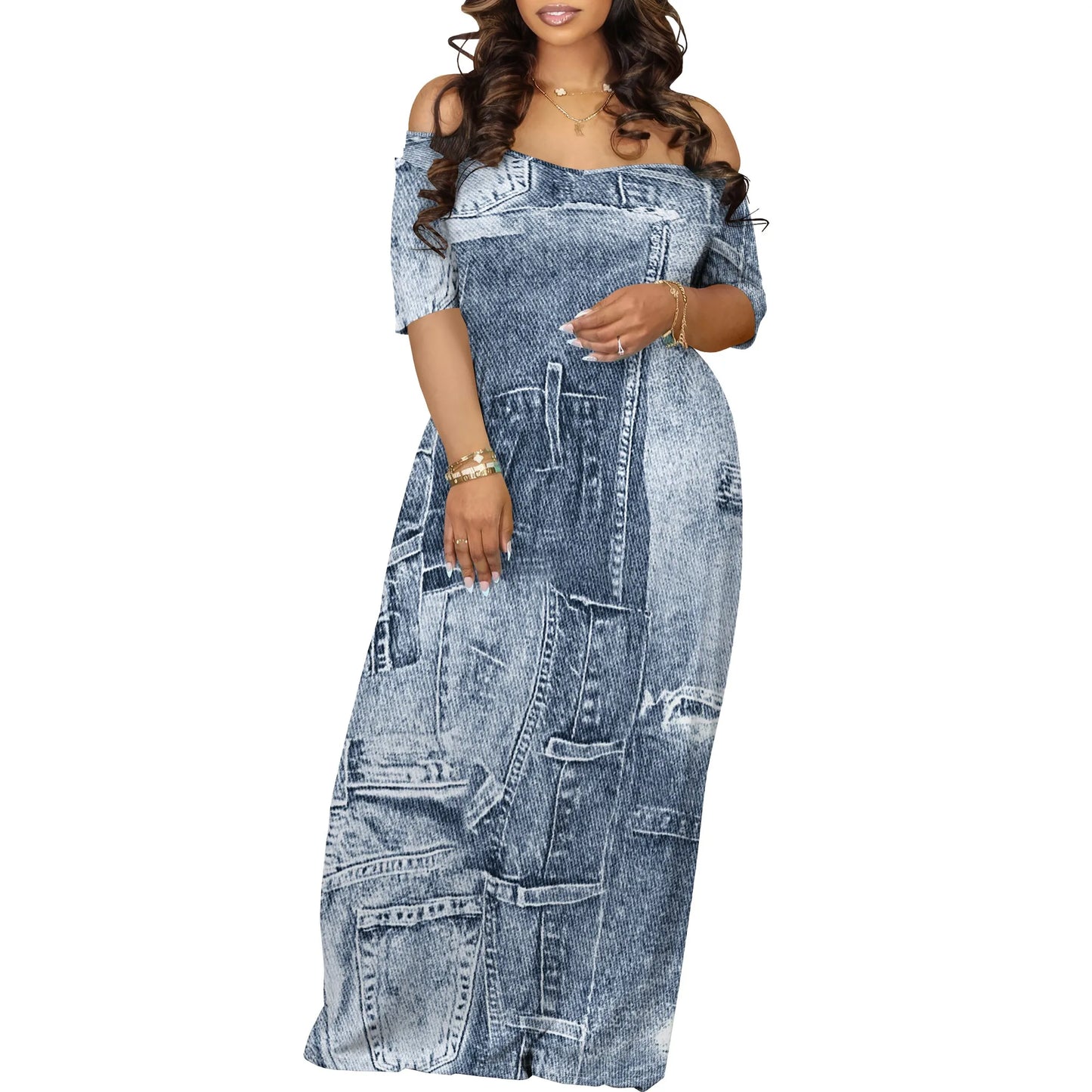 Women's Fashion Printed Short Sleeve Long Summer Dress Sexy Off Shoulder Backless
