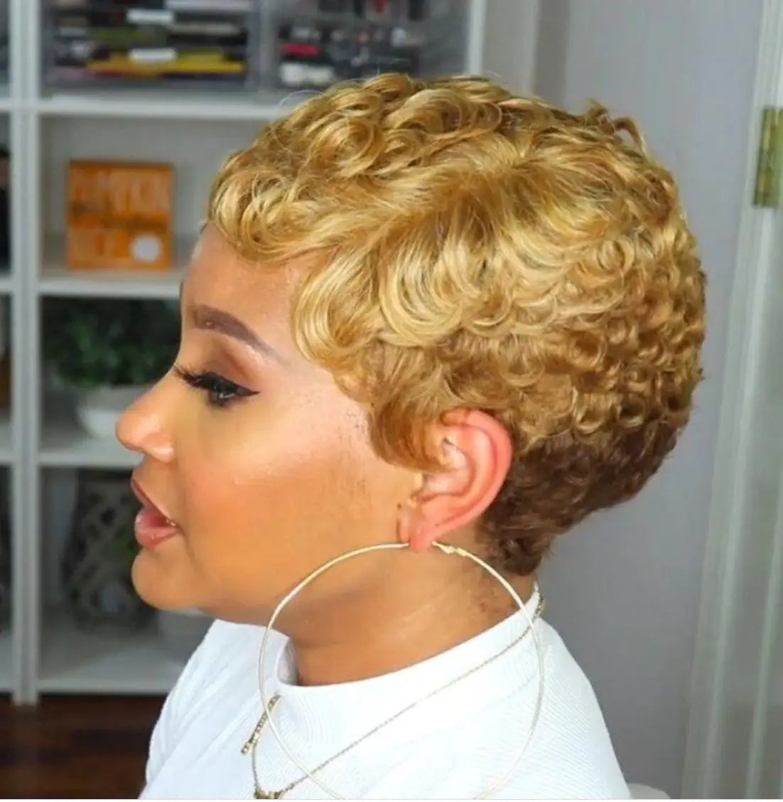 WIGERA Synthetic Short Hairstyle Curly Pixie Cut Bob Wig Glond Brown/ Black/Wine Red Hair Colored Wigs For Women