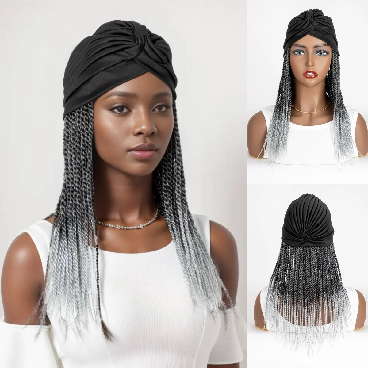 WIGERA Medium Ombre Black Gray Headband Twist Braided Synthetic Wig With Turban Braiding Hair Extensions Head Scarf For Women