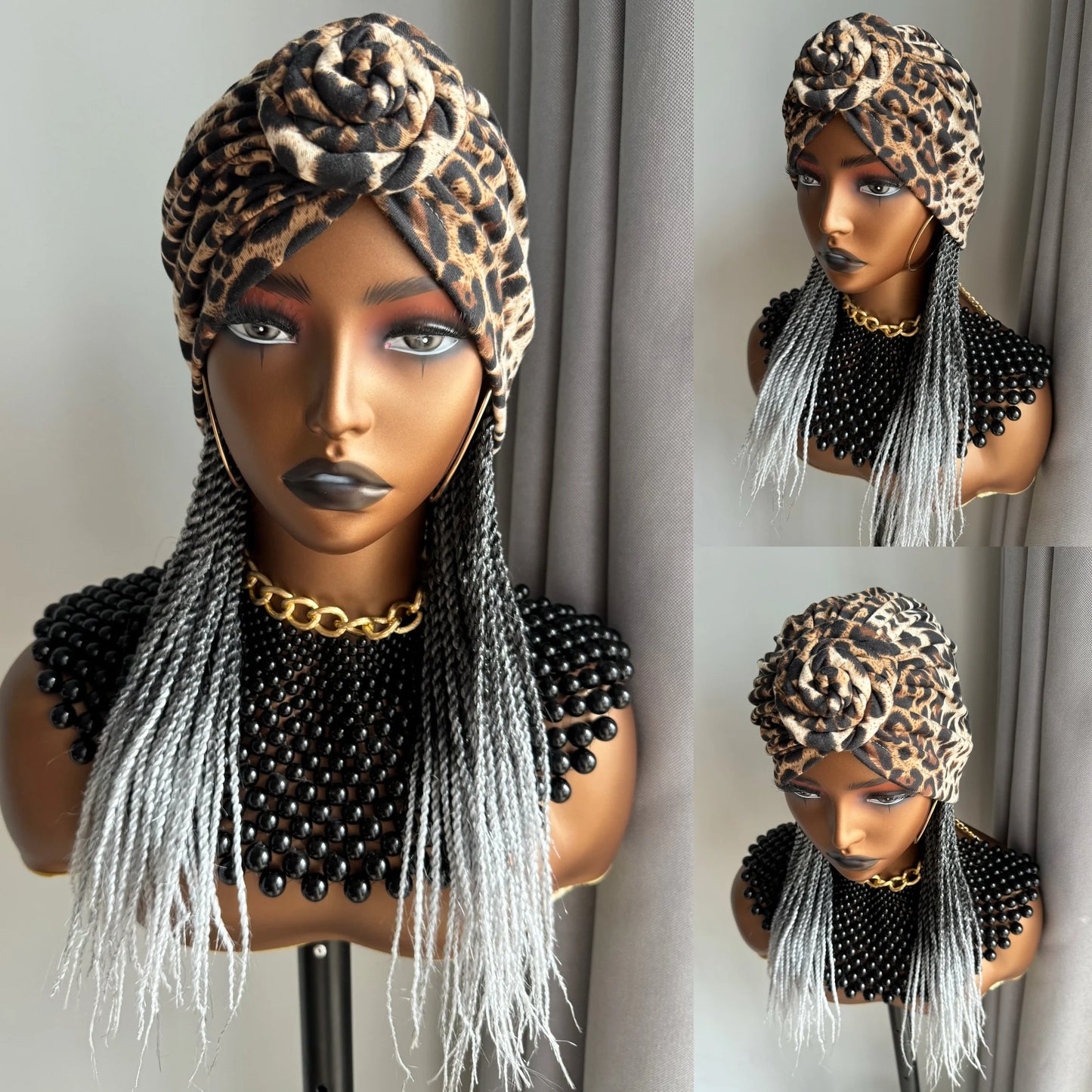 WIGERA Medium Ombre Black Gray Headband Twist Braided Synthetic Wig With Turban Braiding Hair Extensions Head Scarf For Women