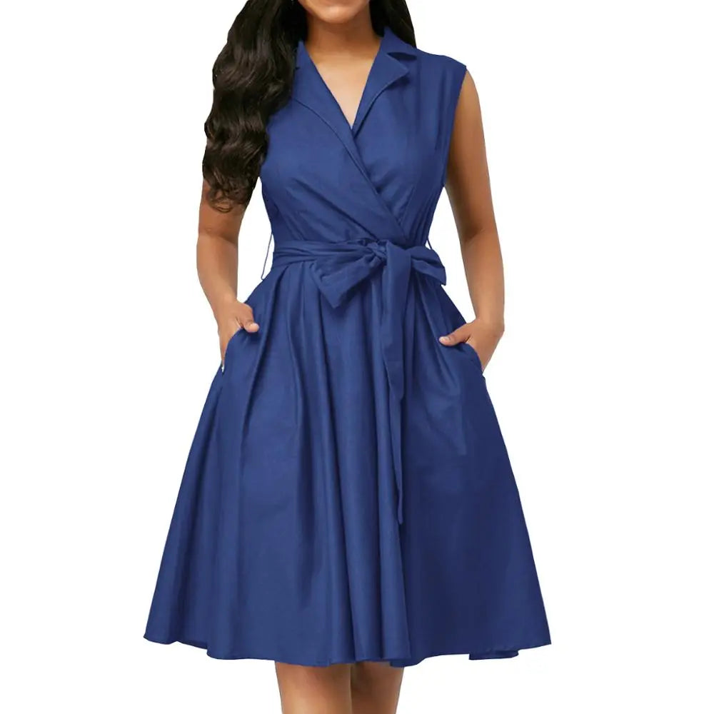 Lady Summer Dress Sleeveless Notched Navy Blue