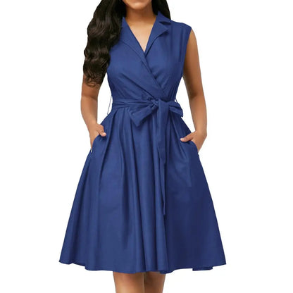 Lady Summer Dress Sleeveless Notched Navy Blue