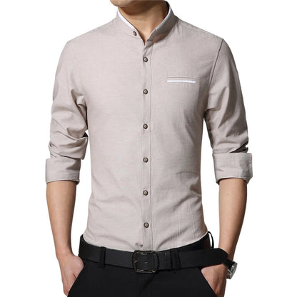 Men's Casual Shirt Long Sleeve Banded Collar Easy Care Cotton