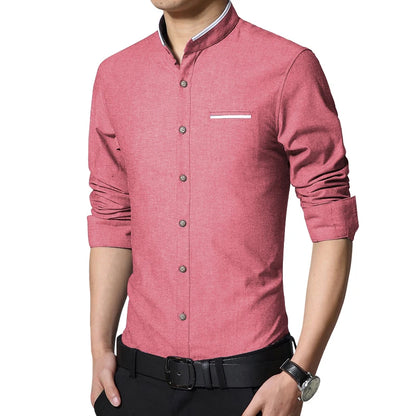 Men's Casual Shirt Long Sleeve Banded Collar Easy Care Cotton