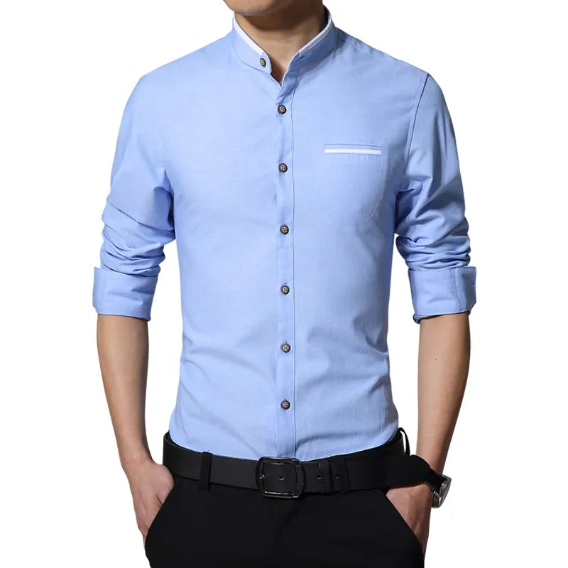 Men's Casual Shirt Long Sleeve Banded Collar Easy Care Cotton