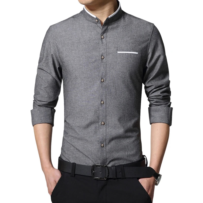 Men's Casual Shirt Long Sleeve Banded Collar Easy Care Cotton