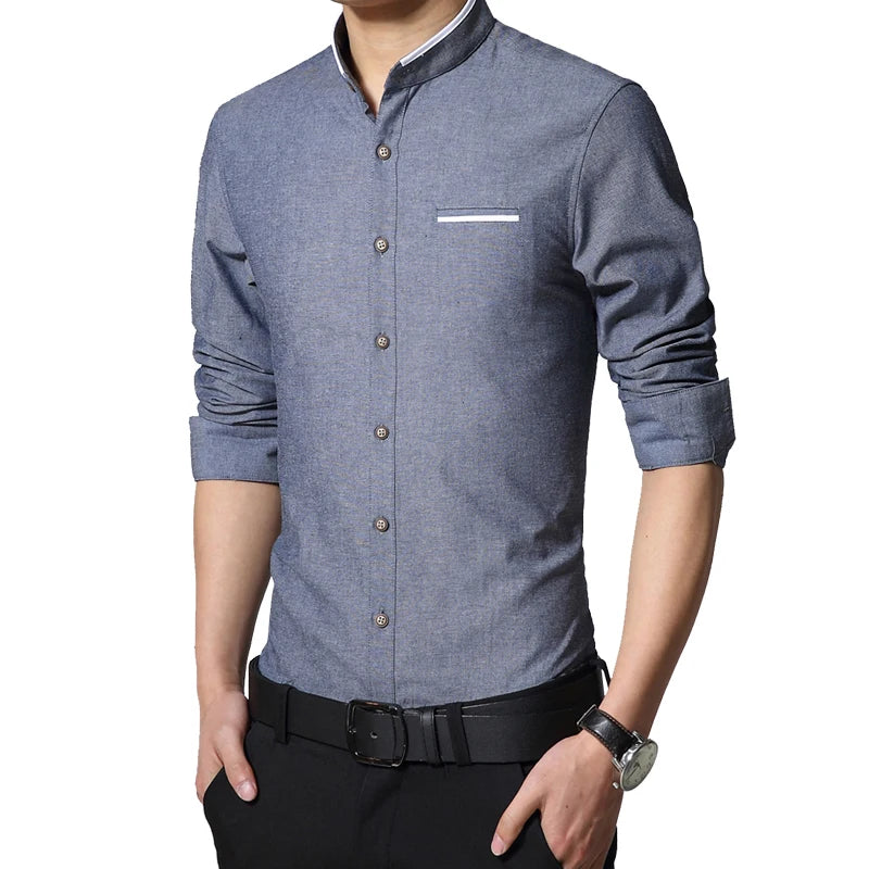 Men's Casual Shirt Long Sleeve Banded Collar Easy Care Cotton