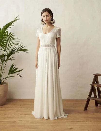 LSYX Chiffon V-Neck Boho Wedding Dress For Women 2024 Short Sleeves