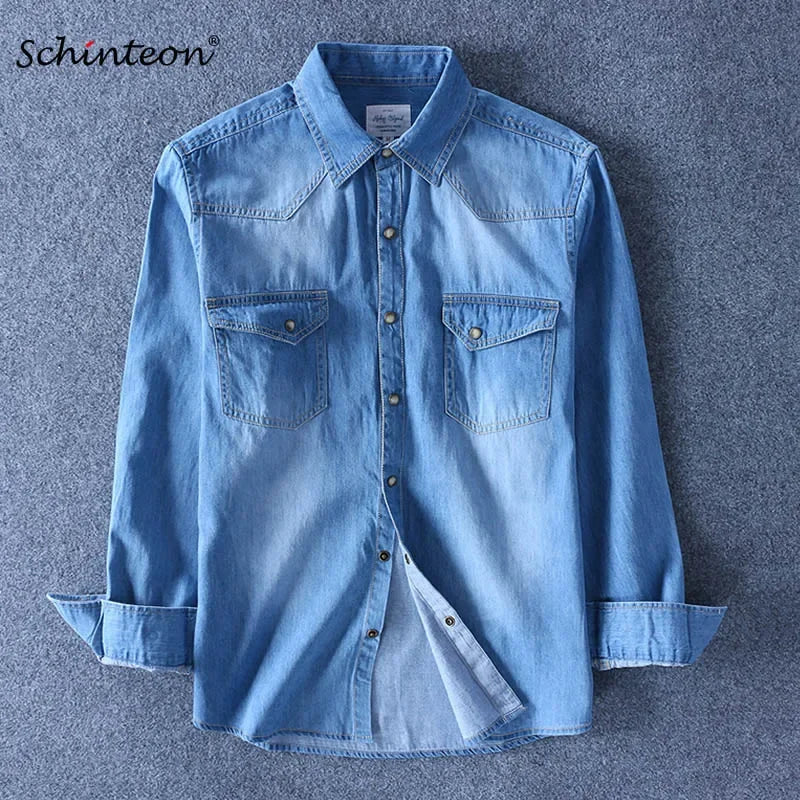 Schinteon Spring Autumn Men's Denim Thin Shirt Long Sleeve