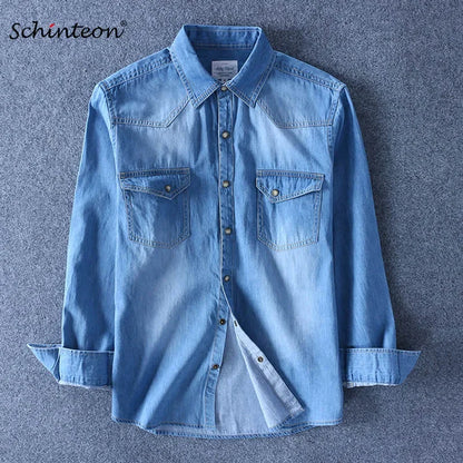 Schinteon Spring Autumn Men's Denim Thin Shirt Long Sleeve