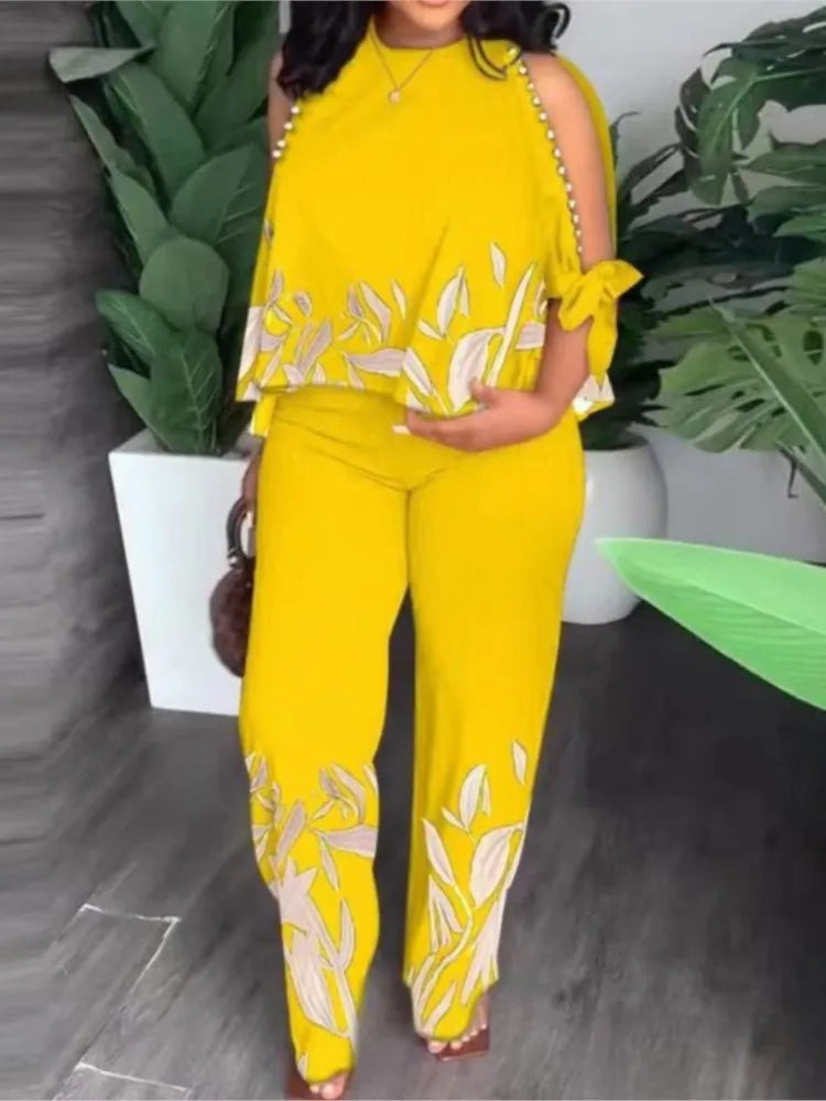 Women's Fashion Positioning Printed Two Piece Sets Autumn Round Neck Hollow Beading Raglan Sleeves Top & Wide Leg Trousers Suit