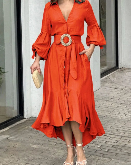 Casual Summer Dress Women Solid Turn Down Collar Pocket Long Dress Irregularity Ruffled Long Sleeve Dress Temperament Vestidos